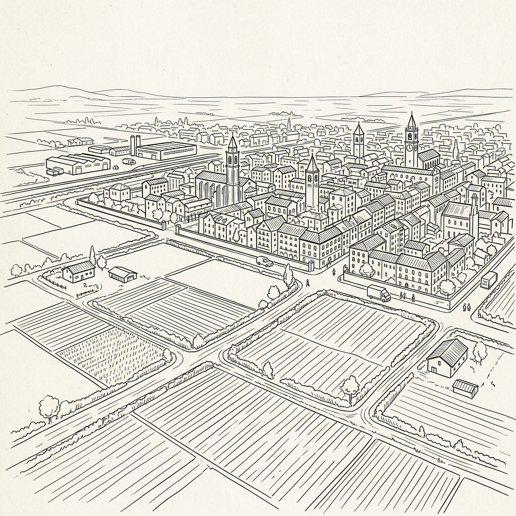 Drawing of a medieval walled town with multiple towers and buildings surrounded by farmland and roads