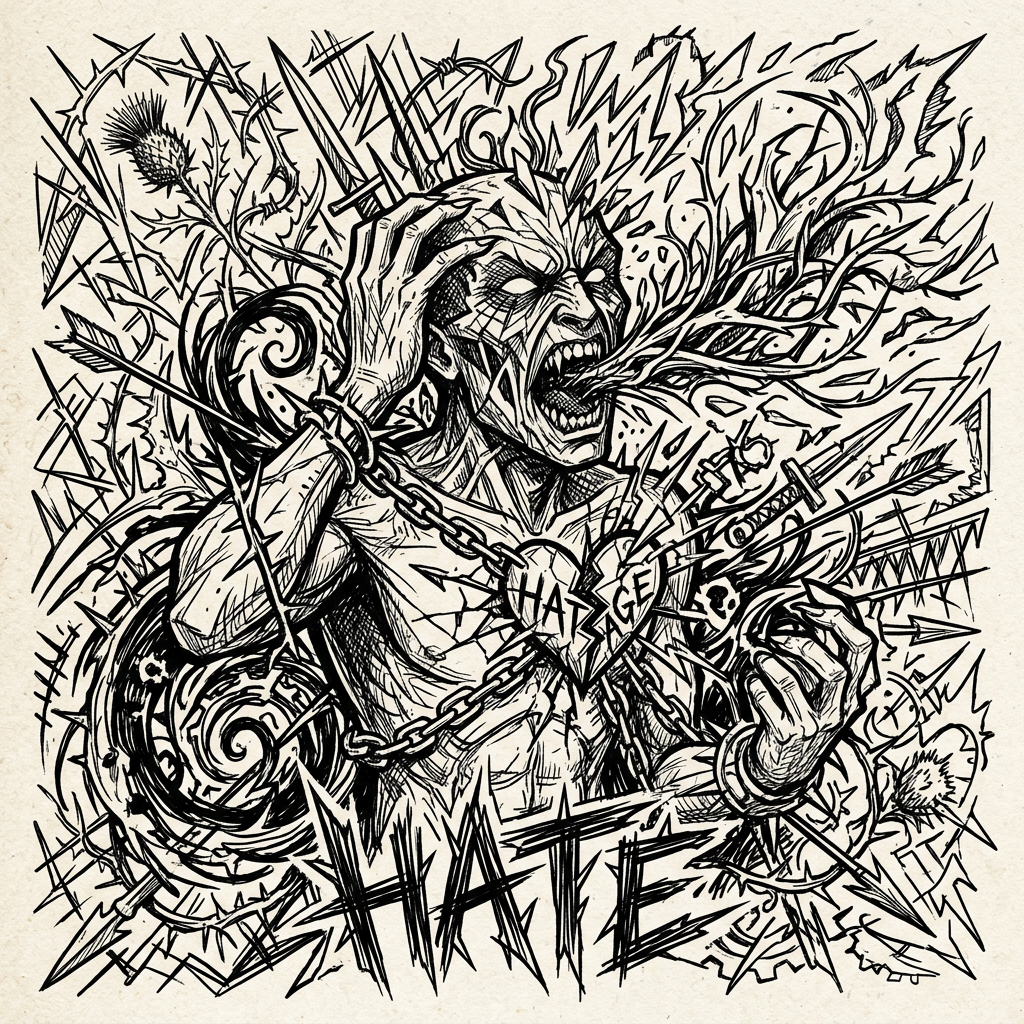 Figure with chains and heart labeled hatred screaming with explosive energy
