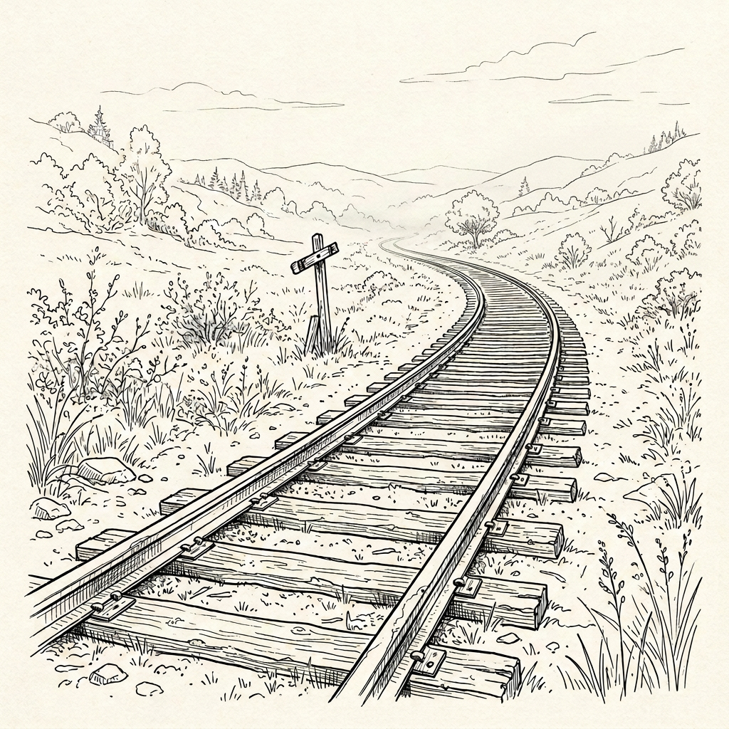 Railway tracks curving through a rural valley with a small shelter